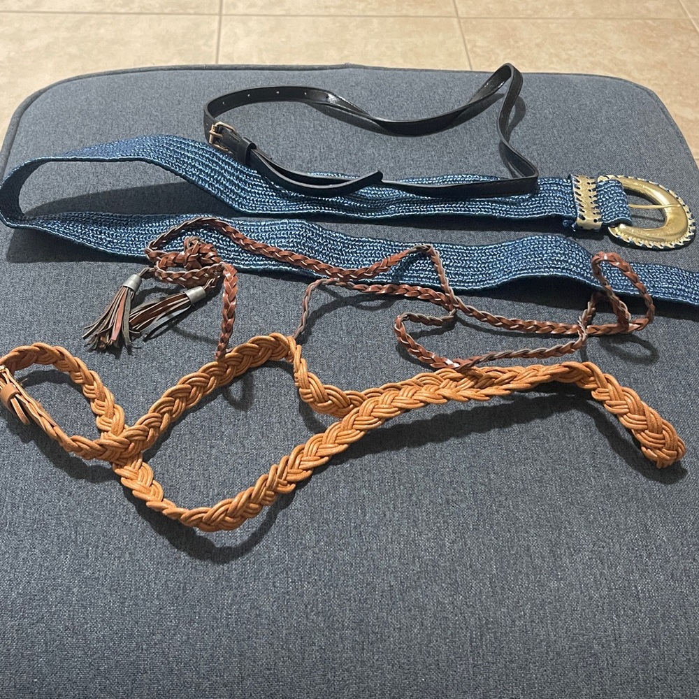 Braided Leather and Blue Fabric Belts